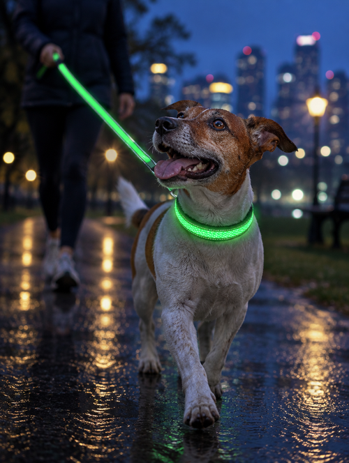 Dog wearing the Glow Collar on a rainy evening walk